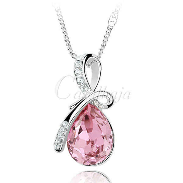 Crystal Teardrop Pendant Rhinestone Inlay Design Silvery Necklace Pink