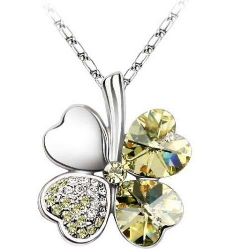 Last -Fashion Lady's Champagne Silver Crystal Heart Love 4 Leaf Clover Flower Chain Necklace Pendant
