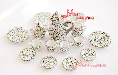 Barbie Miniature, Re ment - Dollhouse Black Plum porcelain China Tea Lid Pot Cups Set 15 PCS