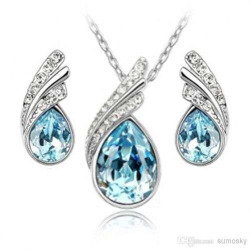 Details about  18K White Gold Plated Austrian Crystal Tear Drop Pendant Necklace Earrings Set