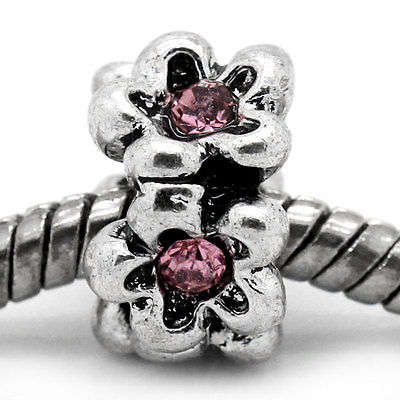 Tibetan Silver Bead fits most European Charm Bracelets - flower with pink crystal