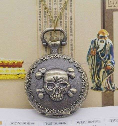 Pocket Watch Skull  - ANTIQUE RETRO HORROR SKULL ROCK N' ROLL STEAMPUNK POCKET NECKLACE WATCH