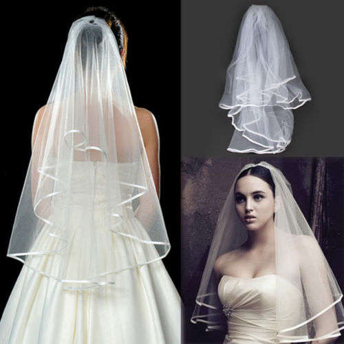 2 Layer Wedding Elegant Bridal Elbow Satin Edge Veil With Comb White
