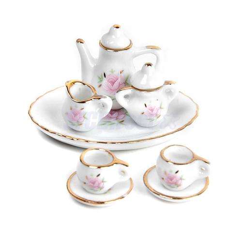 Barbie Miniature,  8pcs Dollhouse Miniature Porcelain Ceramic Coffee Tea Set Pink Rose Floral