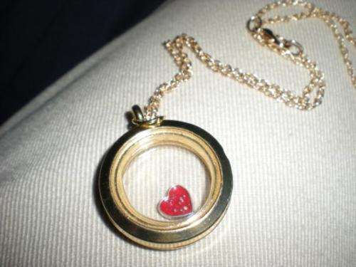 Living Memory Floating Charm Round Locket in Gold Tone with Red Heart Charm - FREE Crystals