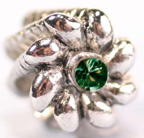 Silver Plated Bead with Green Cubic Zirconia, fits most European Charm Bracelets