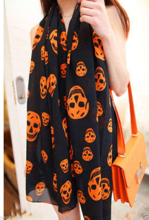 Women's Fashion Long Soft Wrap Lady Shawl Skull Scarf Black and Orange
