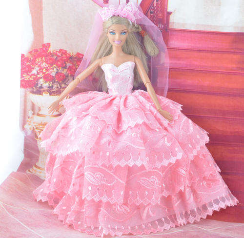 Barbie Clothes, Handmade, Wedding Dress with Veil in Pink