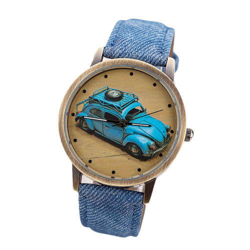 Unisex Watch, Retro VW Beetle, Denim Watch Strap