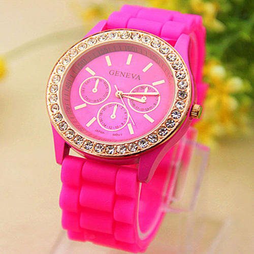 Stunning Watch Hot Pink Jelly Strap with Gold Colour casing and Crystals around Watch Face  - Geneva