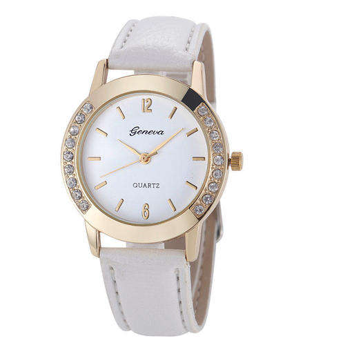 Last One - Geneva Watch  - Very Classy White Leatherette Strap &  Gold Tone Casing