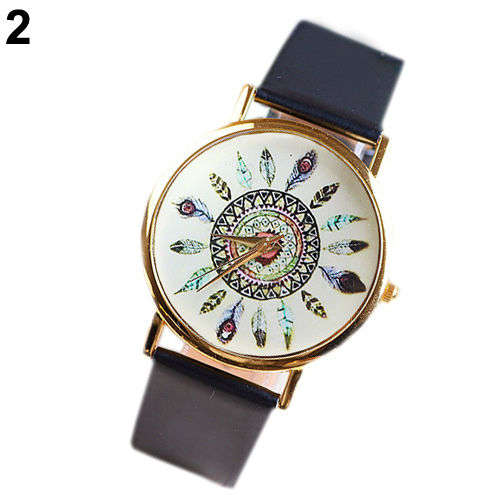 Last One - Watch Black Unisex , Tribal Retro Feather Dial Leather Bracelet Quartz Analog Wristwatch