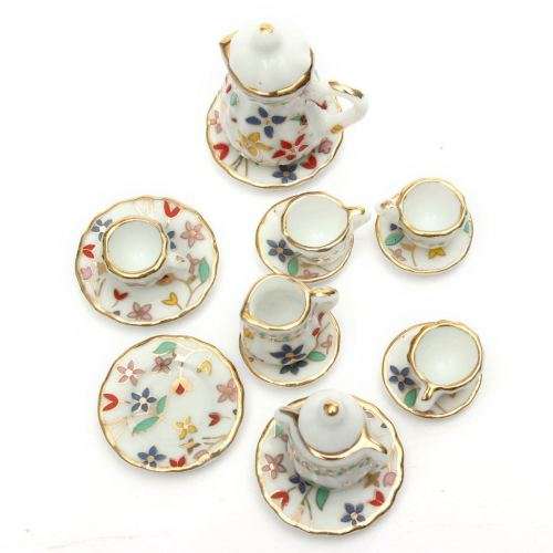 Barbie Miniature,  15-pcs-Dollhouse-Miniature-Porcelain-Tea-Set-8-Dishes-4-Cups-3-Pots-White-Blue  1