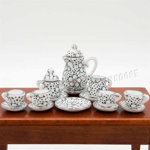 Barbie Miniature,  15-pcs Dollhouse Miniature Porcelain Tea / Coffee Set White-Gold