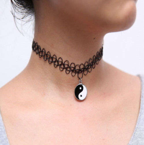 Tattoo Choker Stretch Necklace and Bracelet Set Black Retro Henna Elastic Boho YIN AND YANG new