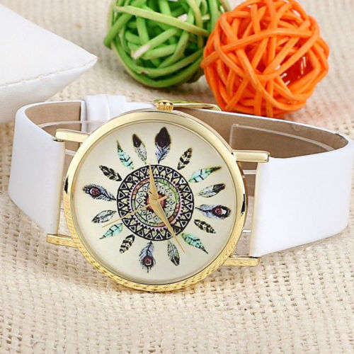 New - Watch White Unisex , Tribal Retro Feather Dial Leather Bracelet Quartz Analog Wristwatch