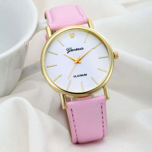 Geneva Watch  - Very Classy UnisWatch, Gold Tone Casing, one crystal, Pink  Leatherette Watch Strap