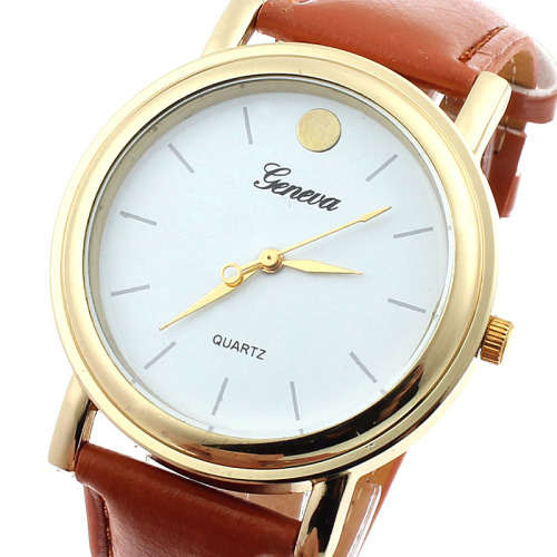 Geneva Watch  - Very Classy UnisWatch, Gold Tone Casing, Brown  Leatherette Watch Strap