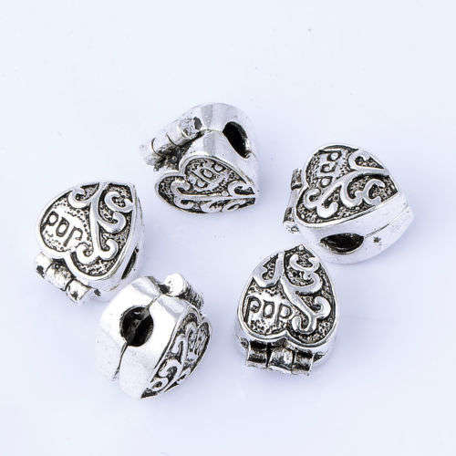 Bead, Tibetan Silver, Stopper Bead, Clip Lock - Heart