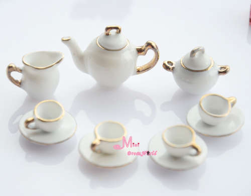 Barbie Miniature,  11 pcs Dollhouse Miniature Tea Coffee Set White with Gold Rim