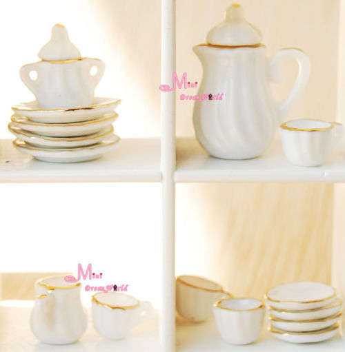 Barbie Miniature,  15-pcs Dollhouse Miniature Porcelain Tea / Coffee Set White-Gold
