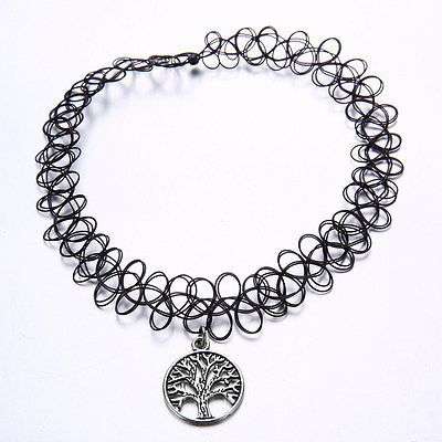 Tattoo Choker Stretch Necklace and Bracelet Set Black Retro Henna Elastic Boho Tree of life