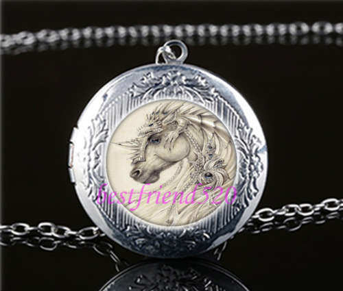 Faerie Dragon Unicorn and Horse Cabochon Glass Tibet Silver Locket Pendant Necklace