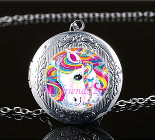 Rainbow My Little Pony  Cabochon Glass Tibet Silver Locket Pendant Necklace