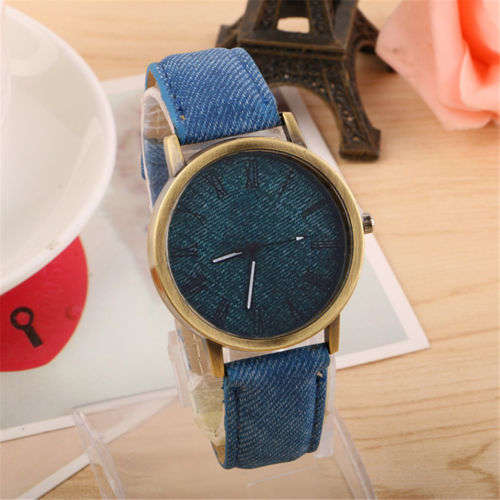 Men Women Denim Leather Analog Bracelet Quartz Watch Cowboy Wristwatches BLUE