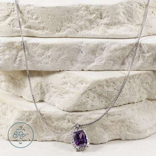 Sterling Silver - Emerald-Cut Purple Quartz CZ 3g - Necklace
