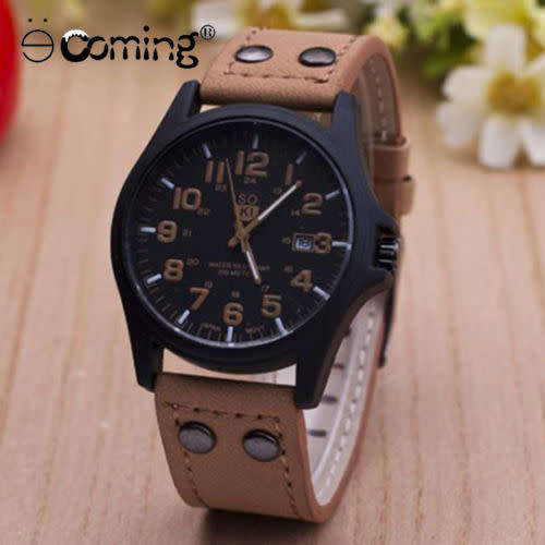 Soki Men Military Watch Amy Sport Date Genuine Leather Dress Quartz Wristwatch