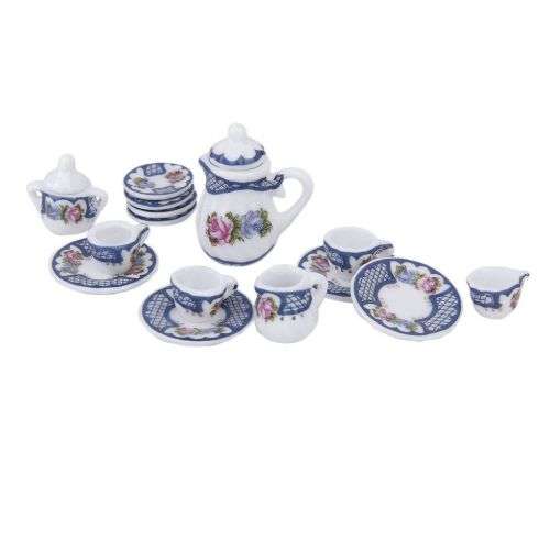 Barbie Miniature,  15pcs Dollhouse Miniature Porcelain Tea Set 8 Dishes 4-Cups 3-Pots