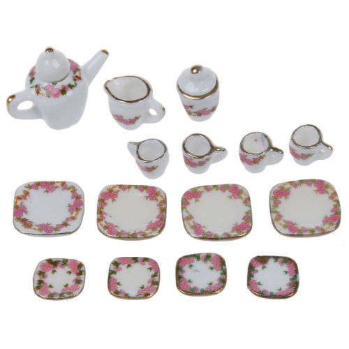 Barbie Miniature,  15pcs Dollhouse Miniature Porcelain Tea Set 8 Dishes 4-Cups 3-Pots