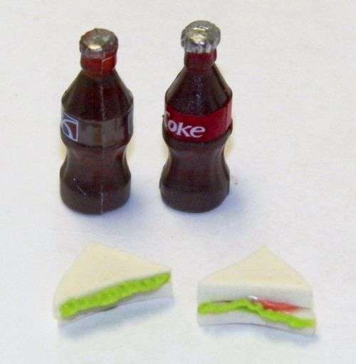 Barbie Miniature Food, Re ment, Dollhouse Miniature; Sandwich 2 pieces & 2 bottles of Coca Cola
