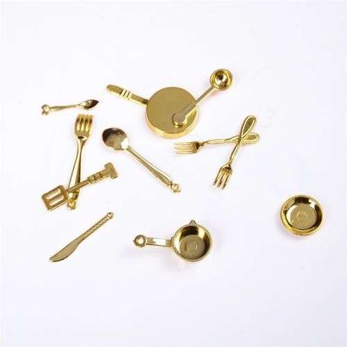 11 Pieces 1/12 Dollhouse Miniature Stainless Steel Dinnerware Set Gold