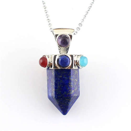 Gemstone Rock Natural Crystal Quartz Healing Point Chakra Stone Pendant Necklace, Silver plated bail