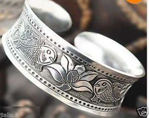 Bracelet / Bangle: Antique Style German Silver Adjustable Lotus Flower with Lucky Fish Bangle