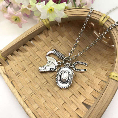 Fashion Jewelry Necklace: Horse Pendant with Cowboy Hat Boots Horseshoe