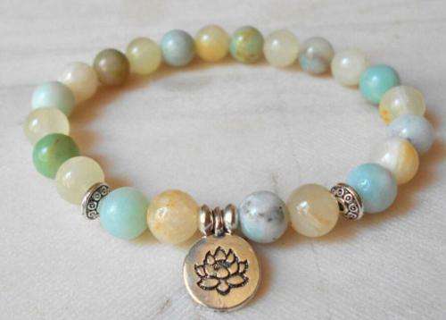 7 Chakra yoga Healing Spirituality Healing Gemstone cuff 8mm Amazonian stone bracelet Lotus pendant