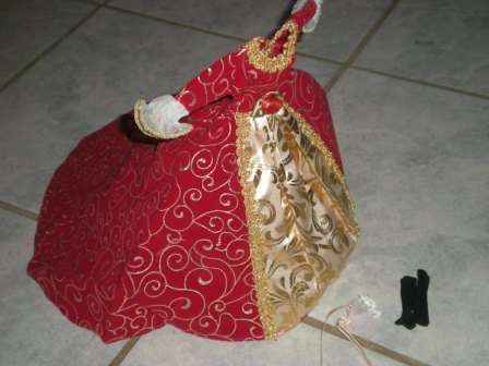 Barbie Gown, Stunning Red and gold Gown with flower bouquet and gloves