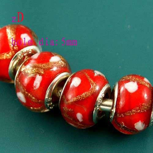 Bead, Murano Style Bead with Silver Core in Gold and Red