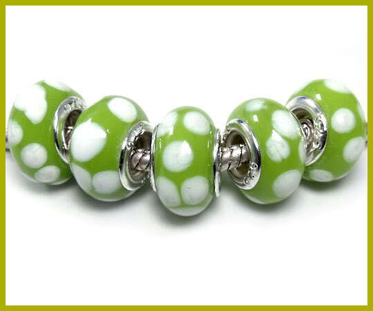Bead, Green with White Dots - Murano Style  Beads