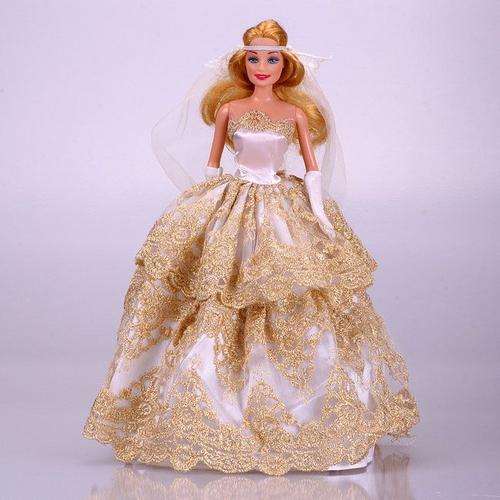 Barbie Clothes, Gold Wedding Dress with Veil and Gloves