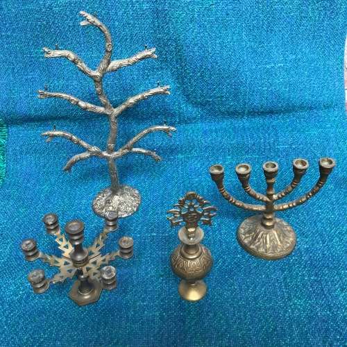 VINTAGE BRASS FIRGURES LOT 5 , CANDLE HOLDER, TREE