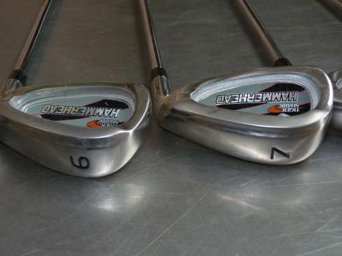 9x Tiger Shark Hammerhead Golf clubs, 9 in total,S,Pitch wedge,5,6,7,8,9,Putter,hybrid 4 high launch