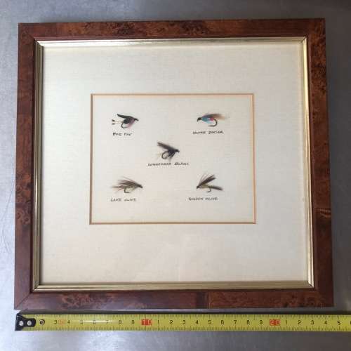 Wooden Frame with Trout Angle Fly Hooks Baits, made in Ireland, vintage, rare, from 1989