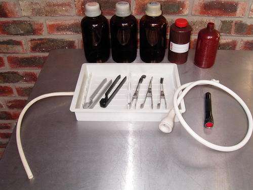 DARKROOM EQUIPMENT Developing Trays , Tweezers, Dark Brown Glasbottles