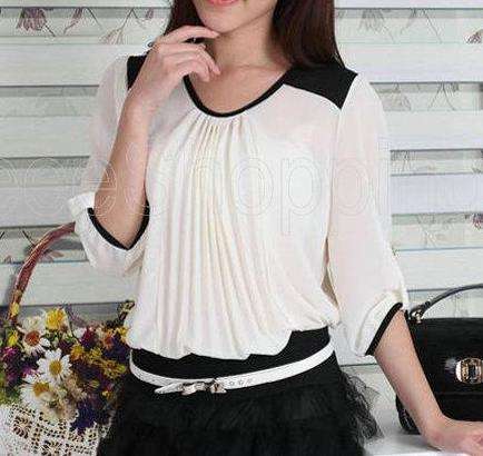 Chiffon Blouse - Women Round Neck 3/4 Sleeve Loose Sheer Chiffon Top - Medium