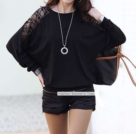 Batwing Top Dolman Lace Loose T-Shirt Blouse for Women - Medium - black