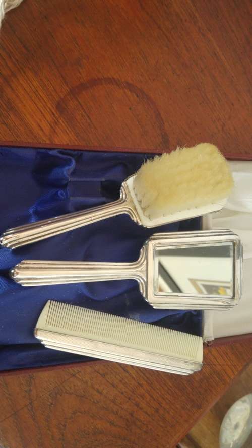 Vintage, silver-plated baby's boxed hairbrush set
